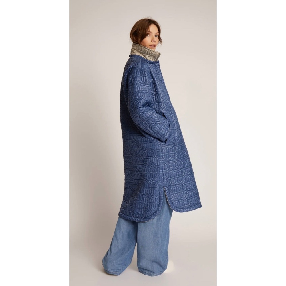 Munthe Tildos Blue Cream Reversible Quilted Midi Coat Size 34 XS